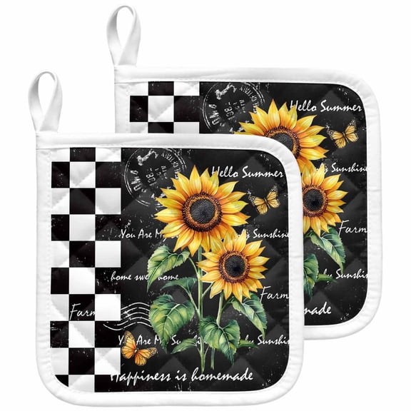 Sunflower Pot Holders for Kitchen Heatproof Potholder, 2 Pack Summer Botanical Floral Vintage Black Plaid Hot Pads Multipurpose Oven Pads Cloth Potholders Trivet for Cooking and Baking