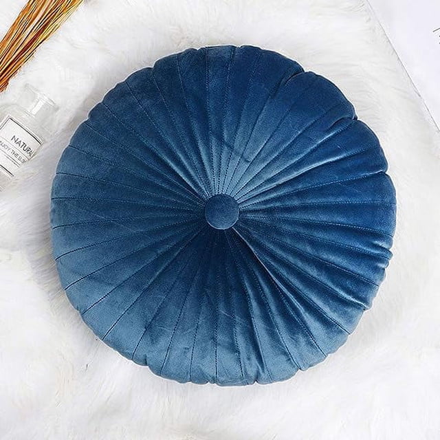 Nvzi Round Shaped Decorative Throw Pillow with Insert, Solid Color Velvet Pillow Cushion for Bedroom Couch(14 x 14 x 3,Blue)