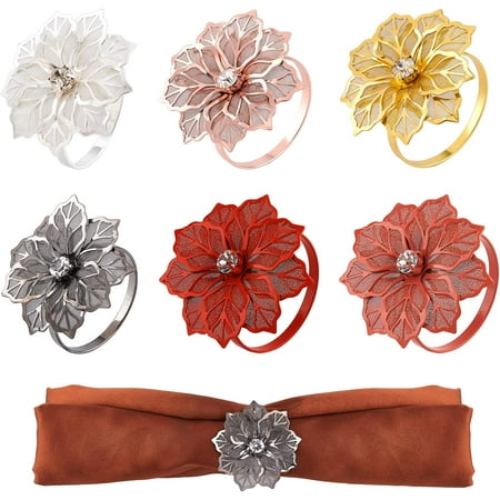 

6 Styles Alloy Napkin Rings Set of 12 Hollow Out Flower Napkin Ring Holders Rhinestone Flower Holiday Serviette Buckles Table Decor for Wedding Party Holiday Dinner Delicate Decor Favor DIY