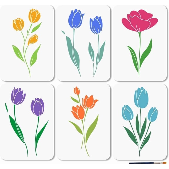 6Pcs Tulip Flower Stencil Garden Blossoms Painting Stencils 11.7×8.3inch Reusable Bouquet Plants Drawing Template with Paint Brush for Craft on Window Wood Wall Home Decor Black