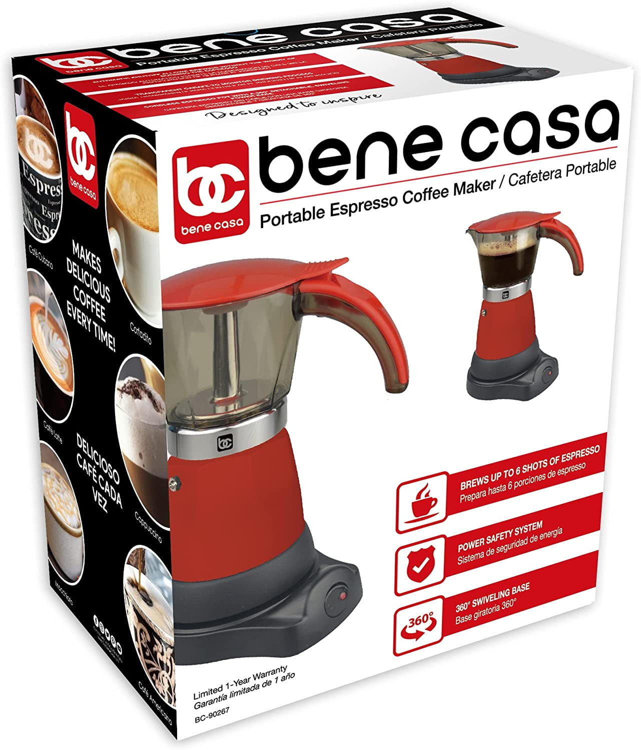 Bene Casa Red Portable Electric Espresso Maker 3 or 6 Cups/Cafetera Roja Portable Electrica Espresso de 3 o 6 Tasas