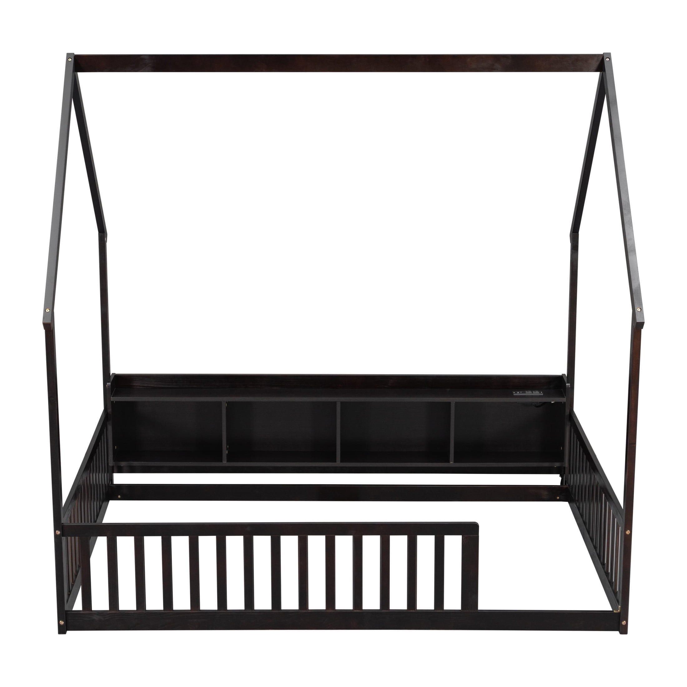 Noble House Norra Full Size Pine Wooden House Floor Bed with Storage Shelves, LED Lights & Charging Station, Espresso