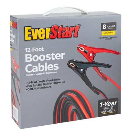 EverStart Jumper Cables 12 feet 8 Gauge, Heavy Duty Clamps, Tangle-free, 165 amps