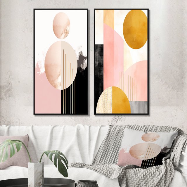 Designart "Géométrie Lunaire Rétro Rose Doré en Fleurs I" Art Mural Géométrique Moderne Encadré Ensemble de 2 - Art Mural Encadré Rose Moderne Ensemble de 2