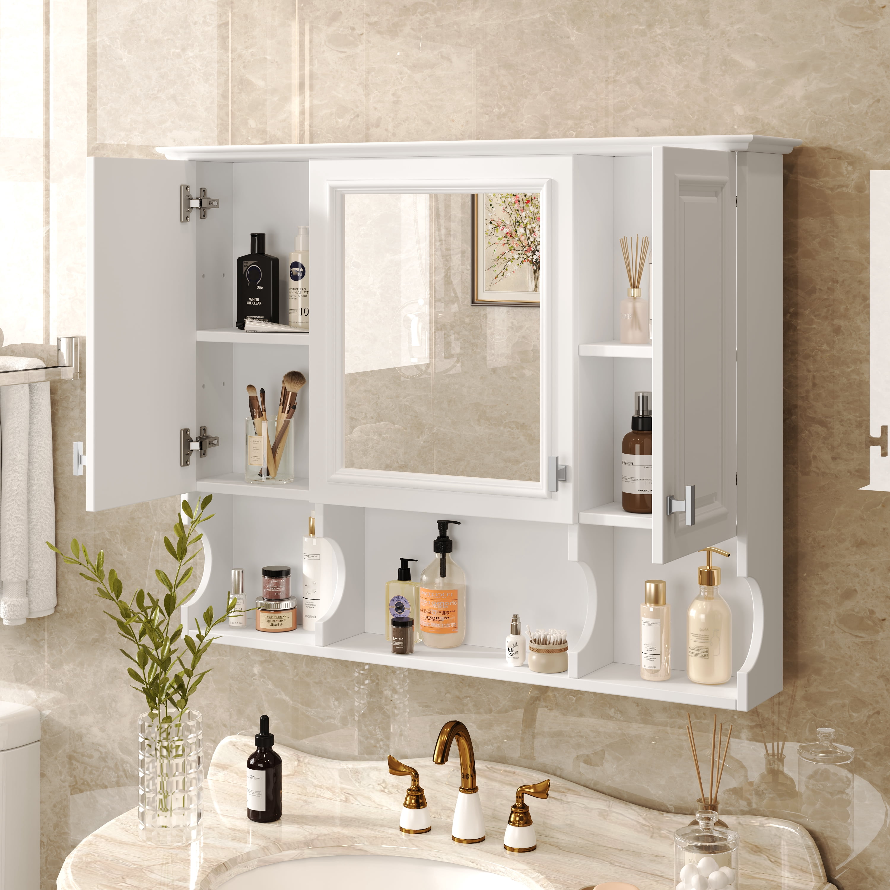 Euroco Wall-Mounted Bathroom Medicine Cabinet with Mirror, Adjustable Shelves, Waterproof MDF, Space-Saving Storage for Bathroom, Bedroom or Living Room, 35"x28.7"