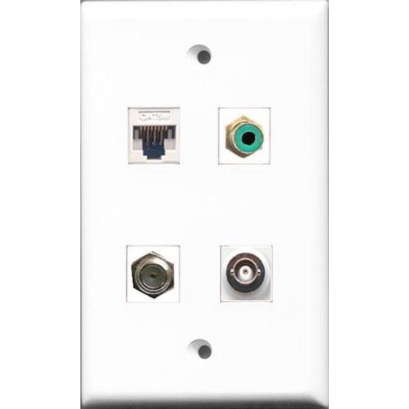 RiteAV 1 Port RCA Green and 1 Port Coax Cable TV- F-Type and 1 Port BNC and 1 Port Cat5e Ethernet White Wall Plate