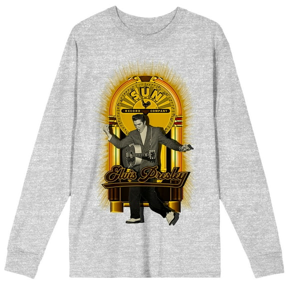 Sun Records Elvis Presley Vintage Jukebox Art Crew Neck Long Sleeve Athletic Heather Men's Tee-Medium