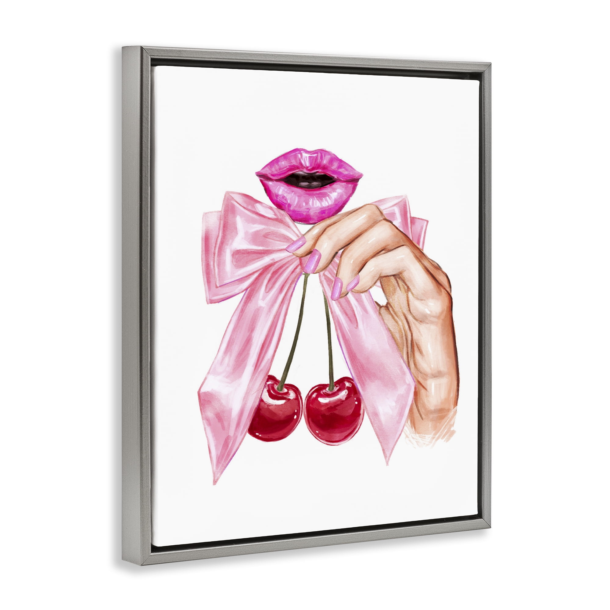 Stupell Industries Lips & Feminine Cherries Gray Framed Floater Canvas Wall Art, design by Ziwei Li