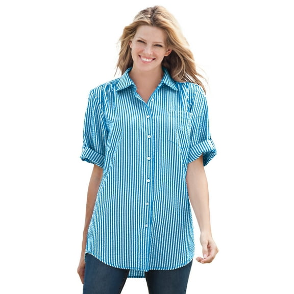 Woman Within Plus Size Short-Sleeve Button-Down Cotton Seersucker Shirt