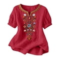 thumbnail image 2 of Qulqfy Embroidered Boho Tops for Women Floral Casual Short Sleeve Fall Red Henley V-Neck Comfy Cute Tunic Outfits 2XL, 2 of 7