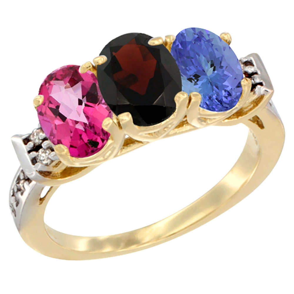 10K Yellow Gold Natural Pink Topaz, Garnet & Tanzanite Ring 3-Stone Oval 7x5 mm Diamond Accent, sizes 5 10 by WorldJewels