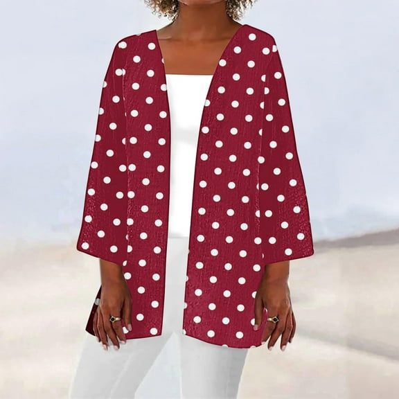 Aboser Women's Casual Summer Kimono Cardigans Lightweight Loose Fitted Cover Up Trendy Polka Dot Printing Cardigan Tops Comfy Soft Blouses Red M