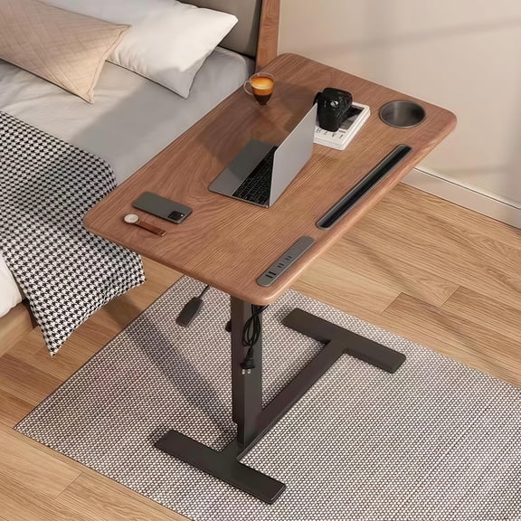 Overbed Bedside Table with Wheels Adjustable Height, Mobile Hospital Bed Table with USB Port, Rolling Standing Laptop Bed Table for Study, Office, Home, Walnut