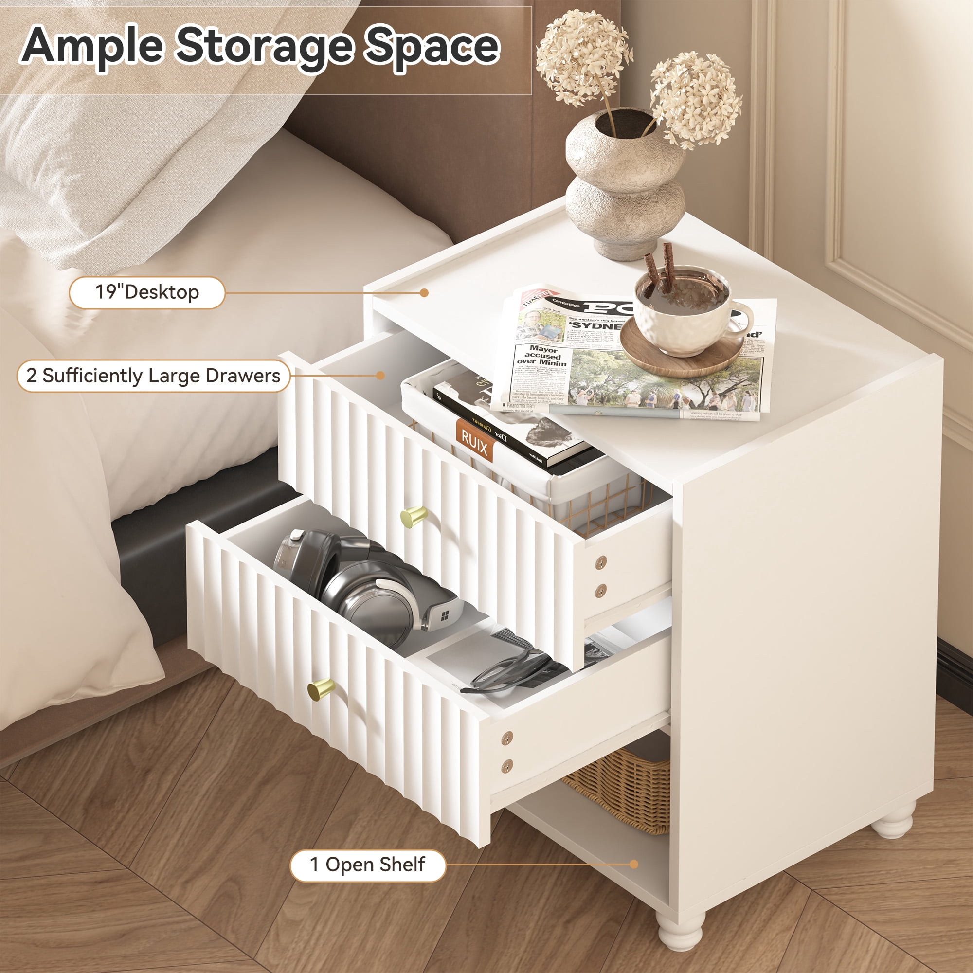 ZOSQUARE Modern Nightstand, White Fluted Bedside Table with 2 Drawers and Open Shelf, End Tables with Gold Knobs for Bedroom, Living Room