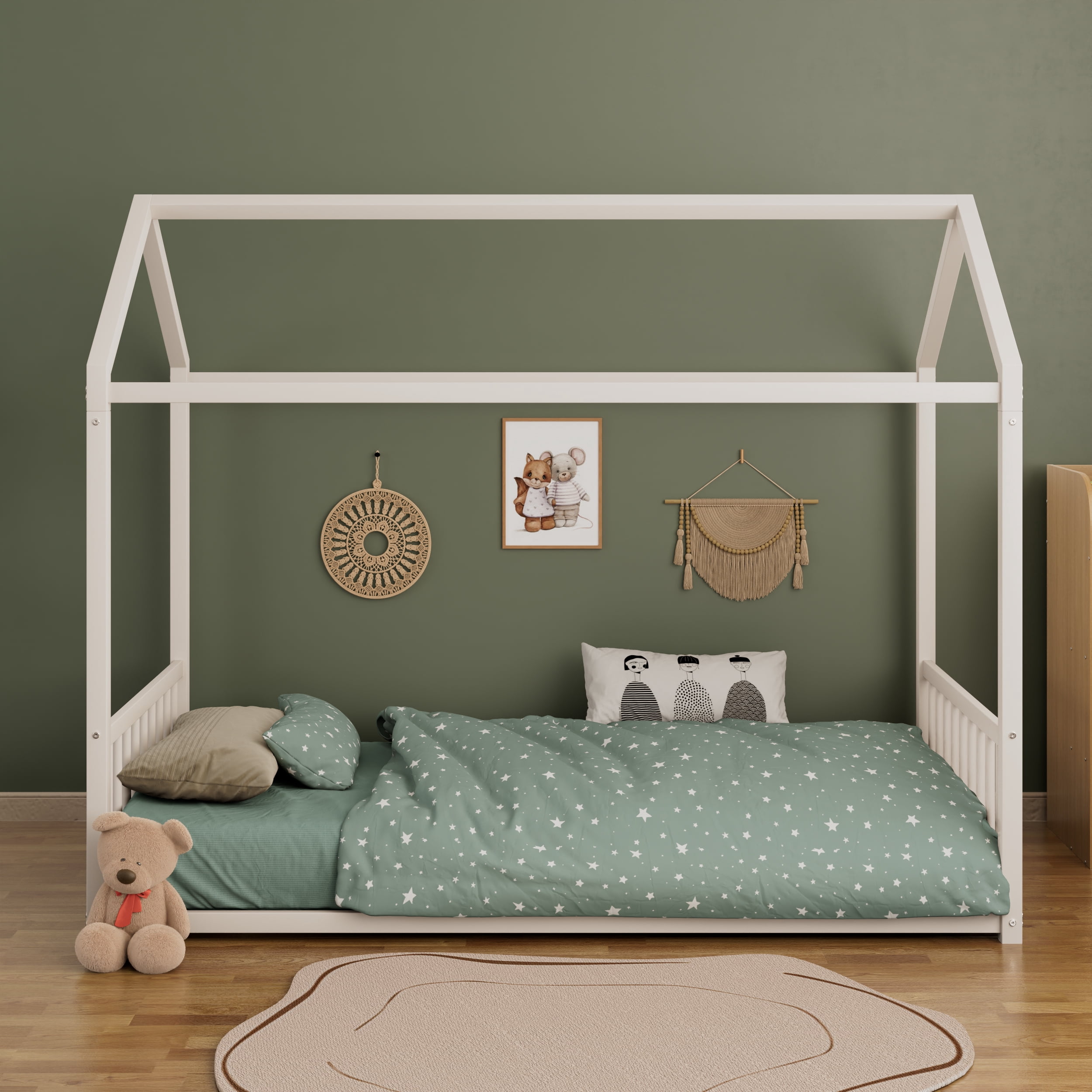Euroco Metal Twin Size Canopy Bed, Low Profile House Bed with Guardrails, White