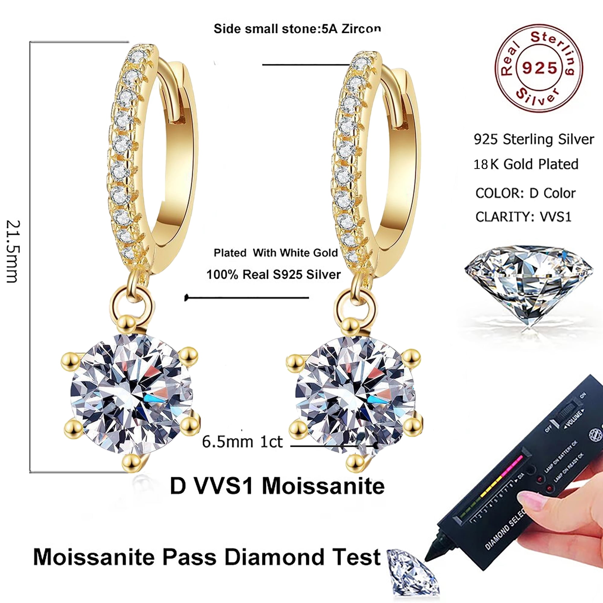 Moissanite Earrings for Women Hypoallergenic Drop Dangle Earrings D Color Round Cut Earrings 18K Yellow Gold Plated S925 Sterling Silver Earrings 1.0ct Leverback
