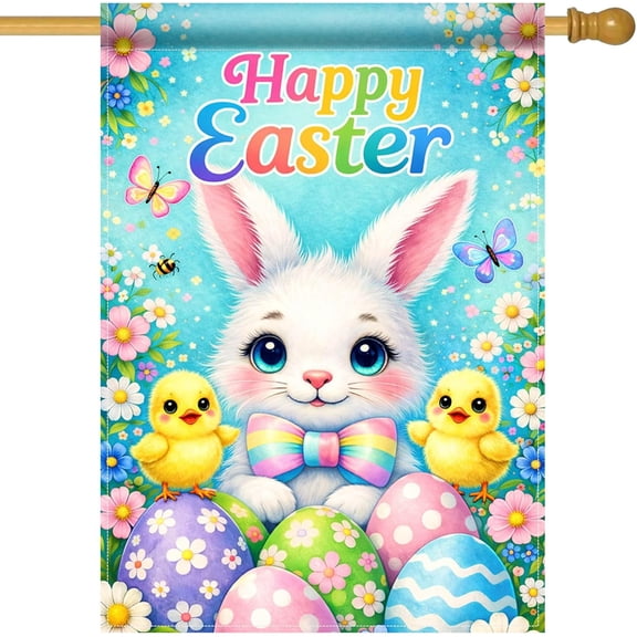 Happy Easter Bunny House Flag 28x40 Inch Double Sided Cute Rabbit with Chick and Colorful Easter Eggs Spring Floral Garden Flag Large Outdoor Yard Flag Holiday Farmhouse Easter Decor