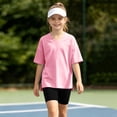 thumbnail image 5 of Girls 2pc Outfits Summer Short Sleeve V Neck Drop Shoulder T-Shirts Basic Leggings Shorts Sets Pink 10-11 Years, 5 of 7