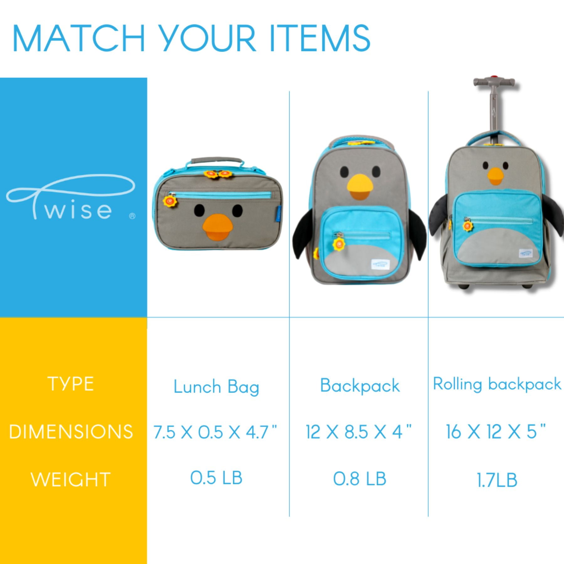 Twise Side-kick Insulated Lunch Bag for Preschool and Kindergarten, Penguin