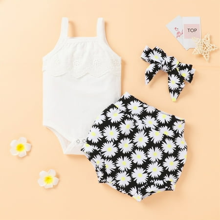 

Hunpta Toddler Kids Girls Clothes Casual Beach Lace Print Sleeveless Strap Suspenders Romper Shorts Bowknot 3PCS Outfits Set