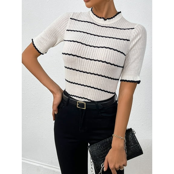 Women's Wool Blend Striped Rib Knit Half-Sleeve Pullover - Classic French Style Mock Neck Sweater