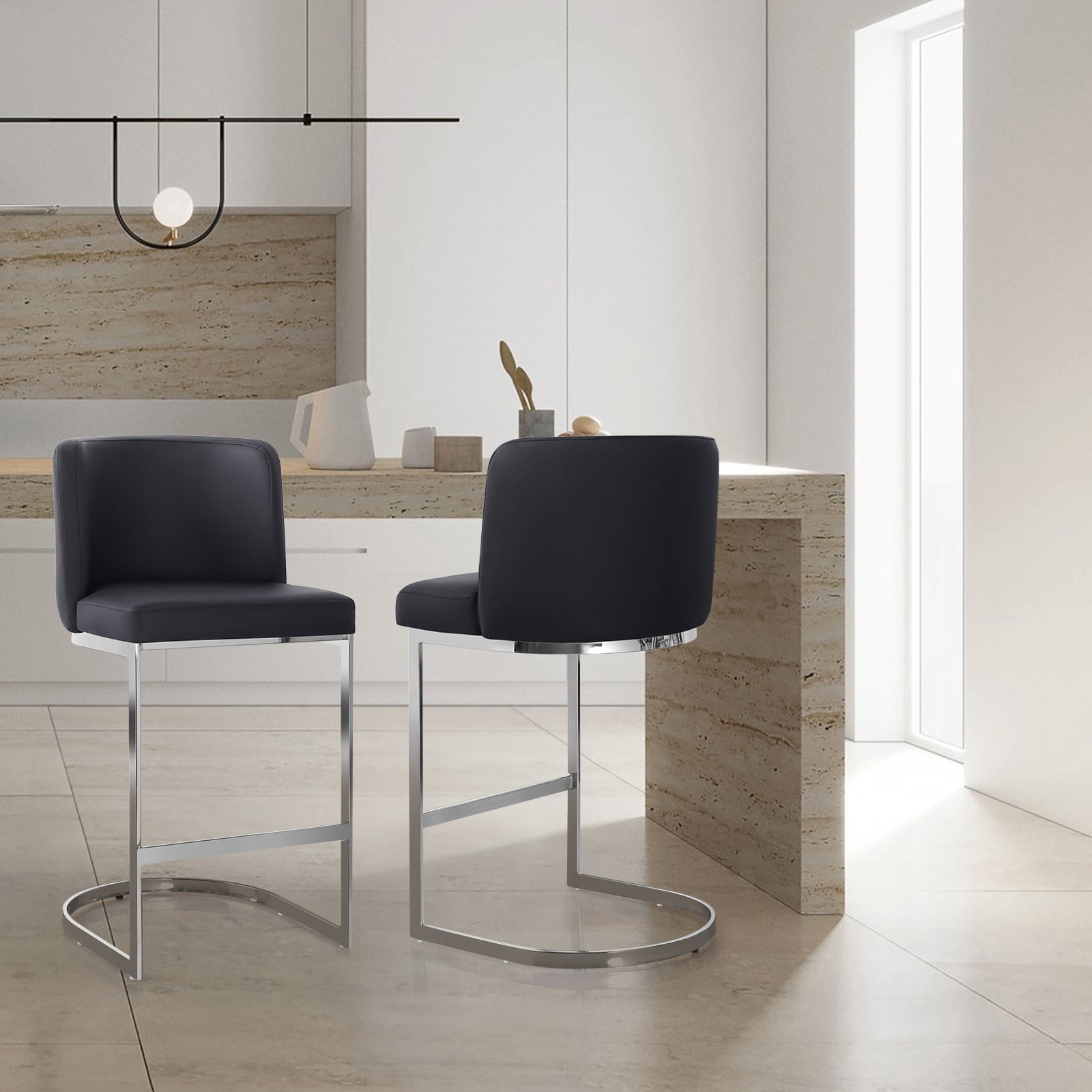 Modern Counter Height Bar Stools Upholstered PU Leather Bar Chairs, Set of 4, 26" with Back and C-Shaped Metal Frame Island Stools for Home Bar Kitchen Pub