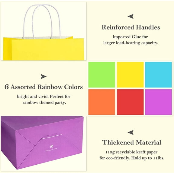 48-Piece Assorted Rainbow Kraft Paper Gift Bags with Handles for Weddings, Birthdays, and Parties