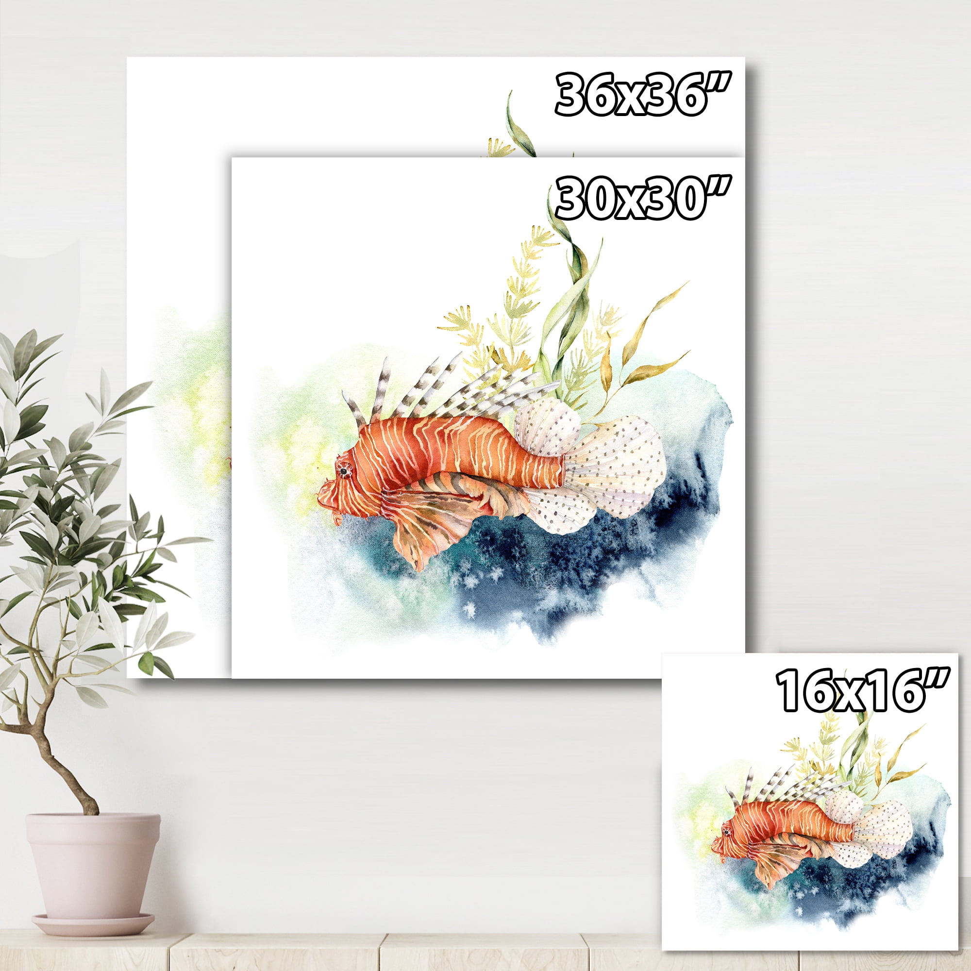 Designart ' Kelp and Lionfish With Coral Reef and Laminaria ' Nautical & Coastal Canvas Wall Art Print