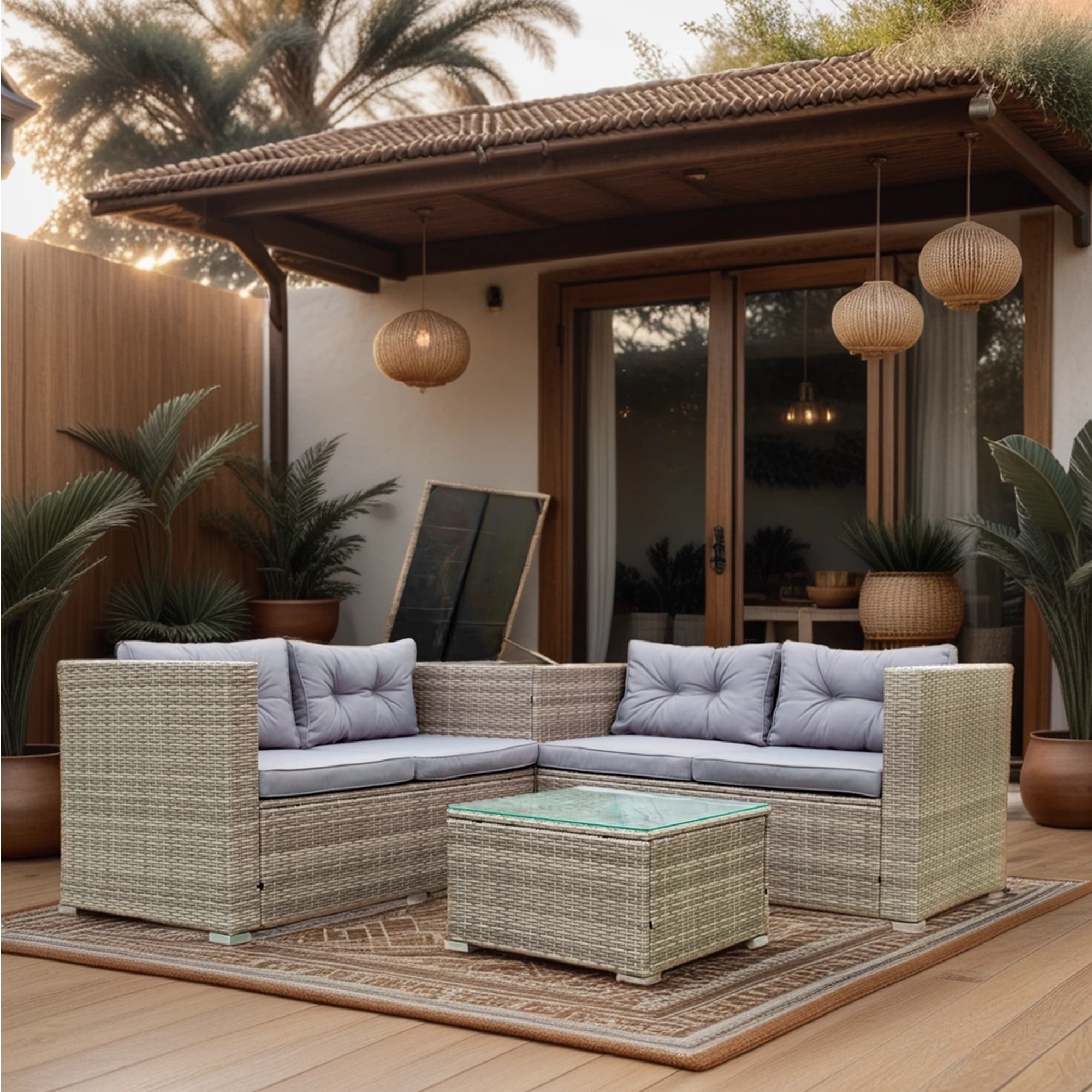 Outdoor Patio Conversation Set,4 Piece Patio Sectional Wicker Rattan Outdoor Furniture Sofa Set with Storage Box Grey