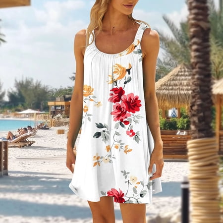 Mifsaly Slip Dress for Women Floral Print Sleeveless Dresses Flowy Beach Vacation Summer Sundresses S