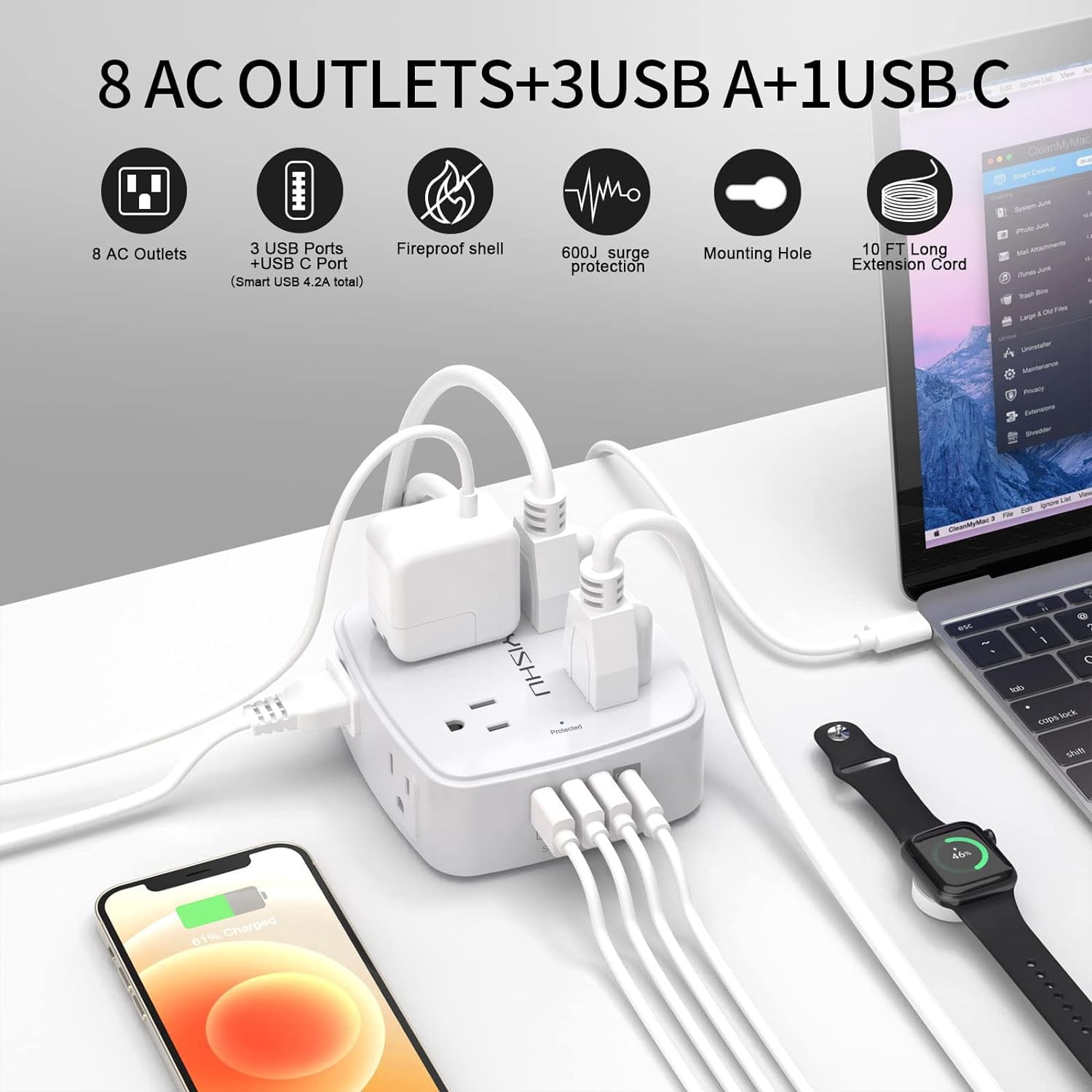 10 Ft Surge Protector Power Strip - General 3 Side Outlet Extender with 8 Widely AC Outlets and 4 USB Ports, 10 Feet Extension Cord with Flat Plug, Wall Mount Desk USB Charging Station, ETL,White