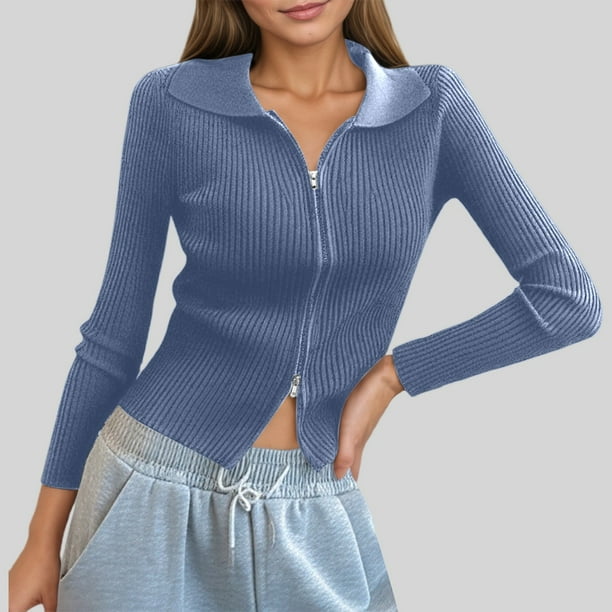MHFRRA Cárdigan de Punto Acanalado con Doble Cremallera para Mujer, Top Corto Ajustado con Cuello Azul Cielo
