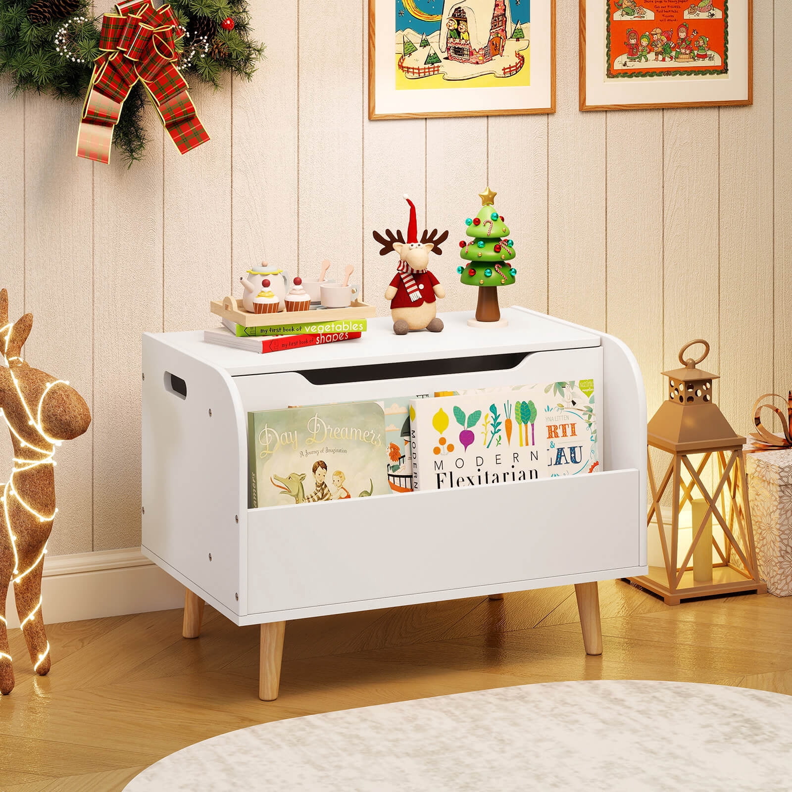 Costway Kids Wooden Toy Box with Front Bookshelf 4 Solid Wood Legs Flip-top Lid for Nursery White