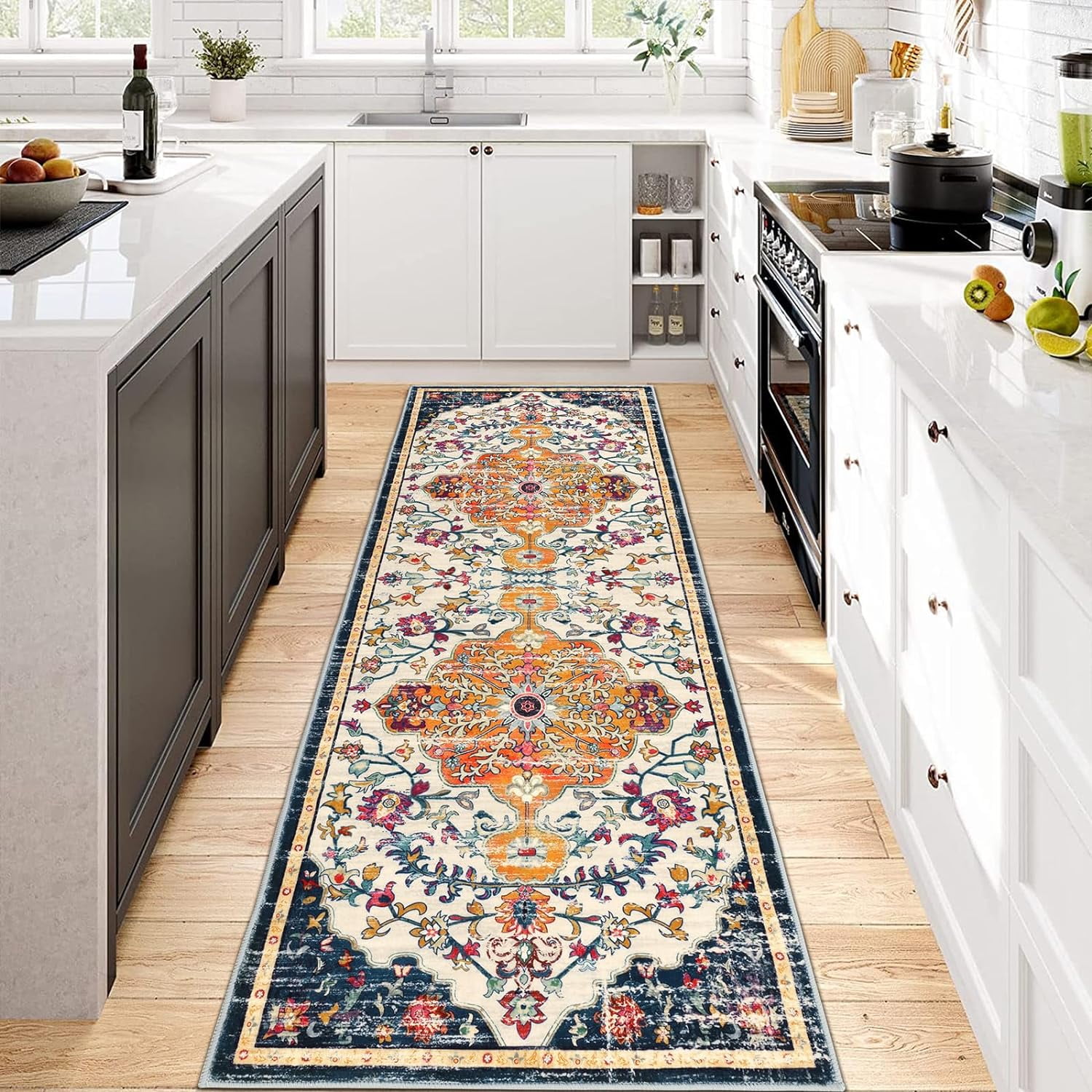 Findosom 2'x6' Vintage Runner Rug 0.4" Distressed Hallway Rug Non Slip Laundry Runner Rug Decor Rug Washable Runner Rug Kitchen Floor Mat Entryway Rug Runner for Laundry Kitchen Dark, Orange