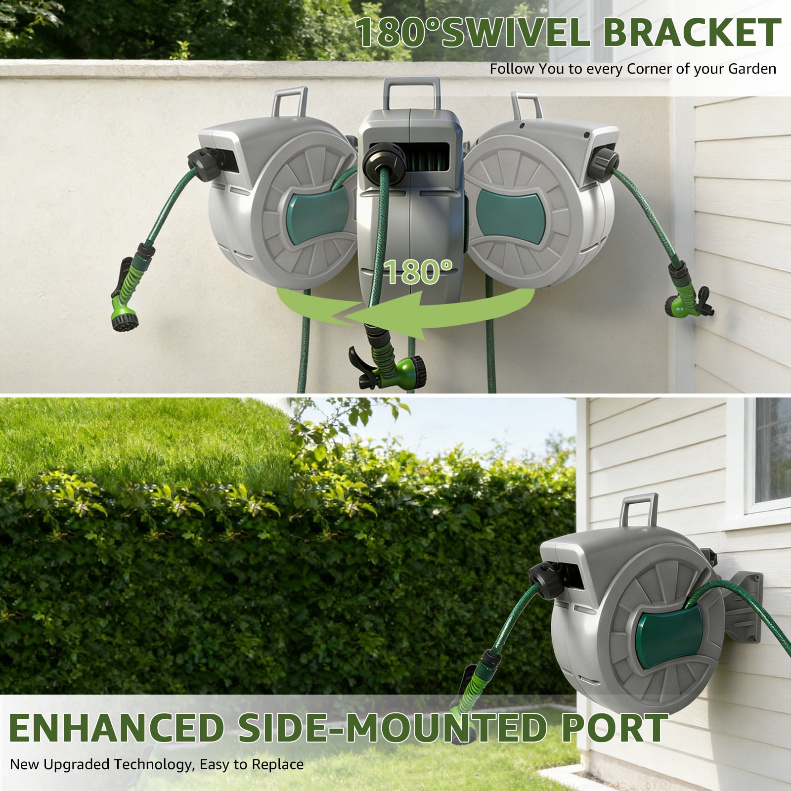 PRIJESS 100 FT Retractable Hose Reel 1/2 in, Wall Mount Garden Water Hose for Car Wash & Pet Bath, Automatic Slow Rewind, Any Length Lock & 180° Swivel, Includes 7-Pattern Nozzle & Hardware