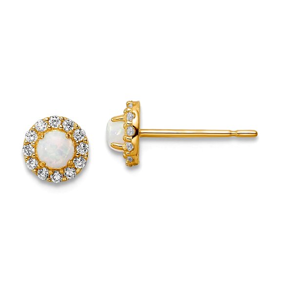 14k Gold Cubic Zirconia and Simulated Opal Post Earrings 5.3x5.3mm Wide Stud Earring for Women