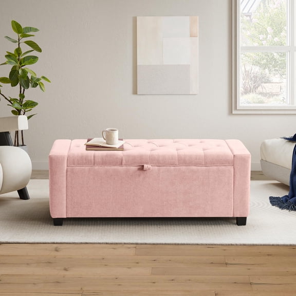 Tufted Linen Pink Storage Ottoman Bench, Upholstered End of Bed with Flip