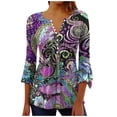thumbnail image 2 of JTZGDY Womens Button Henley Shirts Casual Boho Floral Printed Summer 3/4 Bell Sleeve V Neck Pleated Curved Hem Blouse Loose Fit Dressy Tunic Tops Purple#03 L, 2 of 6