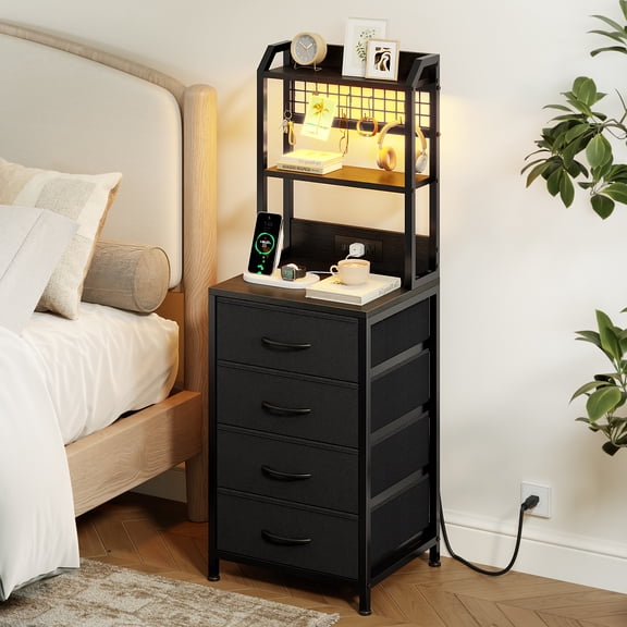 GUNAITO Nightstand with Charging Station & LED Light, 4 Fabric Drawers & 3 Shelves Bedside Table, Modern End Table for Bedroom,Gray