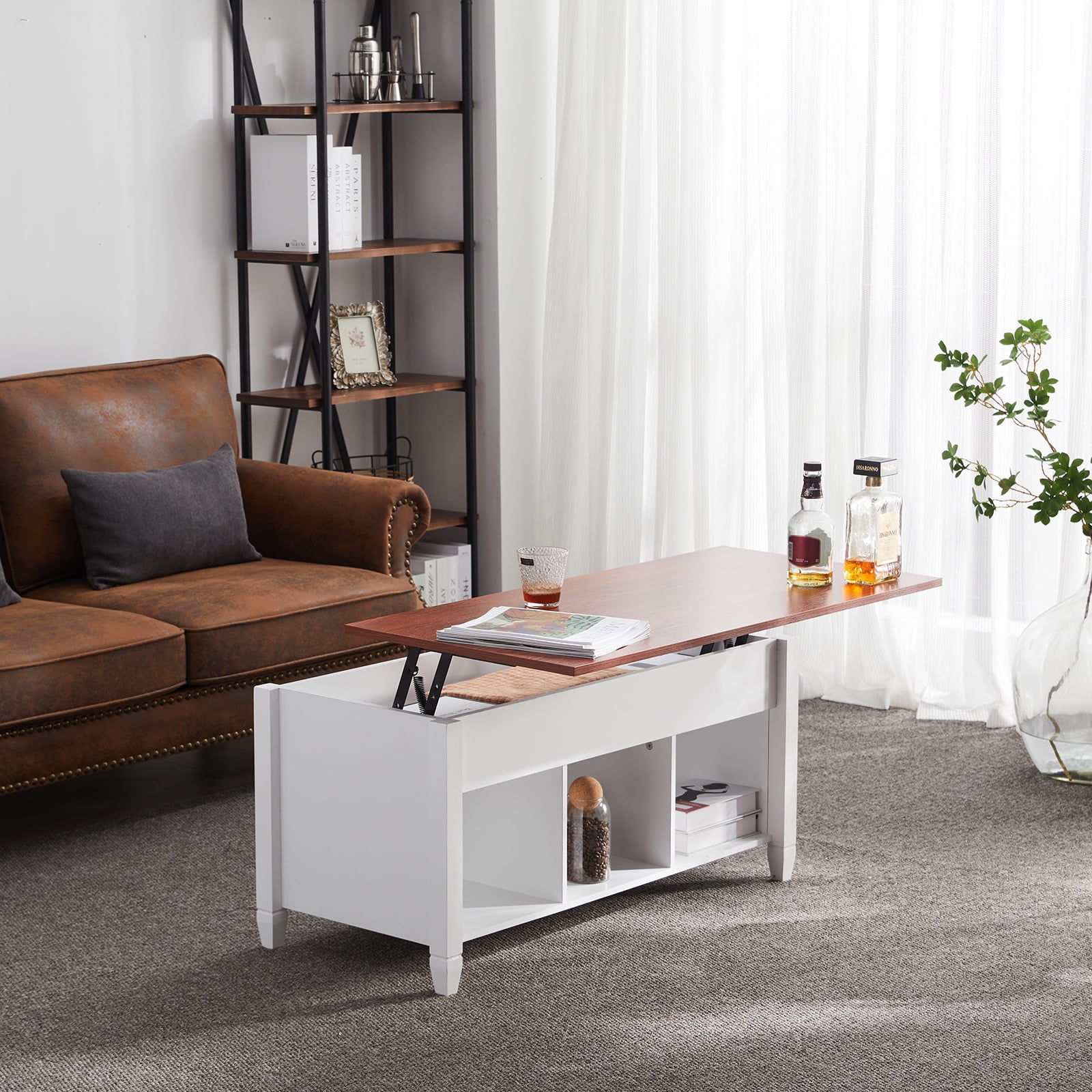 Kadyn Lift Top Coffee Table (with 3 Storage Rooms), Pop-up Coffee Table for Living Room, Central Coffee Table with Wooden Lifting Top, Ivory Kadyn Lift Top Coffee Table (with 3 Storage Rooms), Pop-up Coffee Table for Living Room, Central Coffee Table with Wooden Lifting Top, Ivory