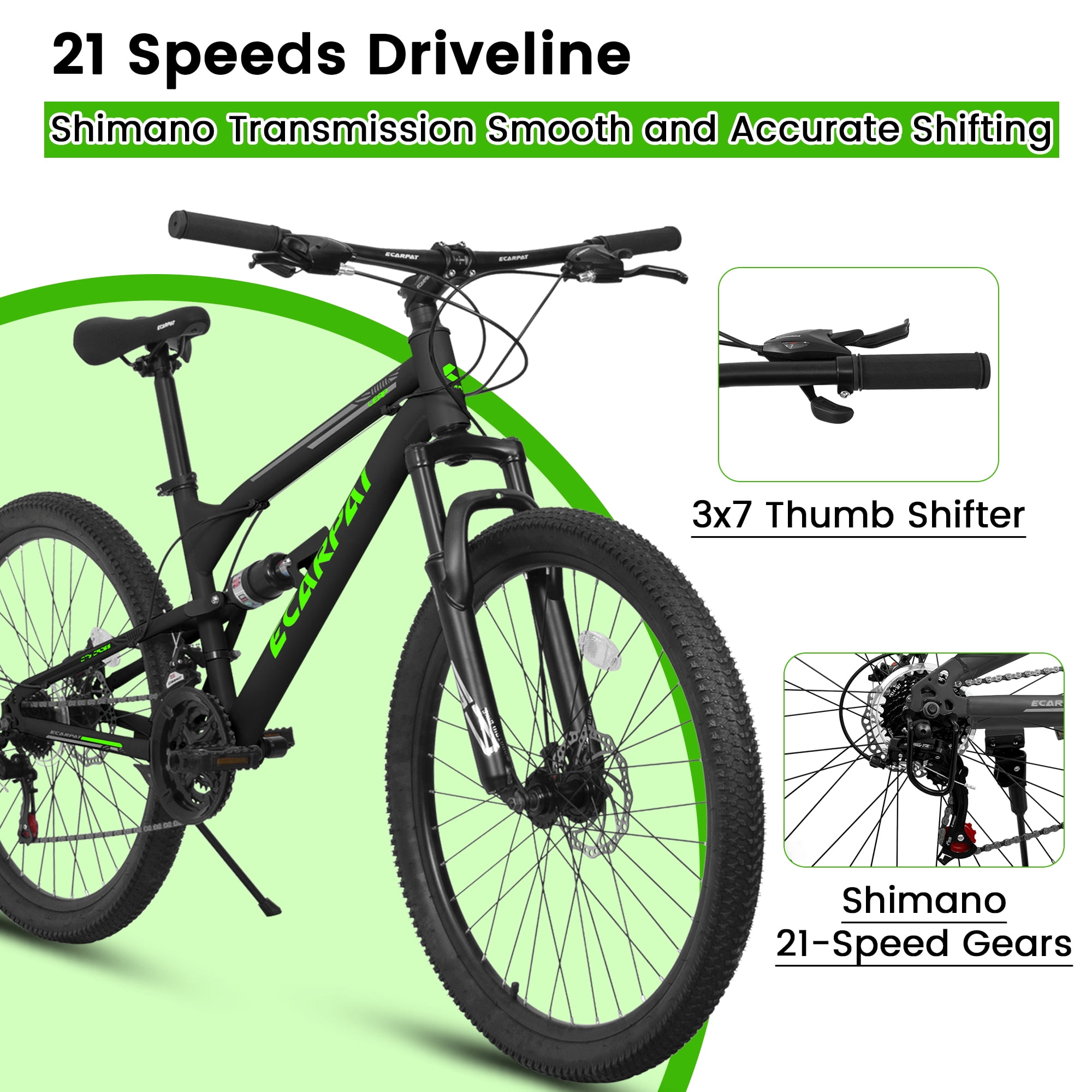 26 Inch Mountain Bike Full Suspension, 21 Speed Mountain Bicycle with Double Disc Brakes, Carbon Steel Frame Commuter City Bike for Adult Men Women, Black-Green