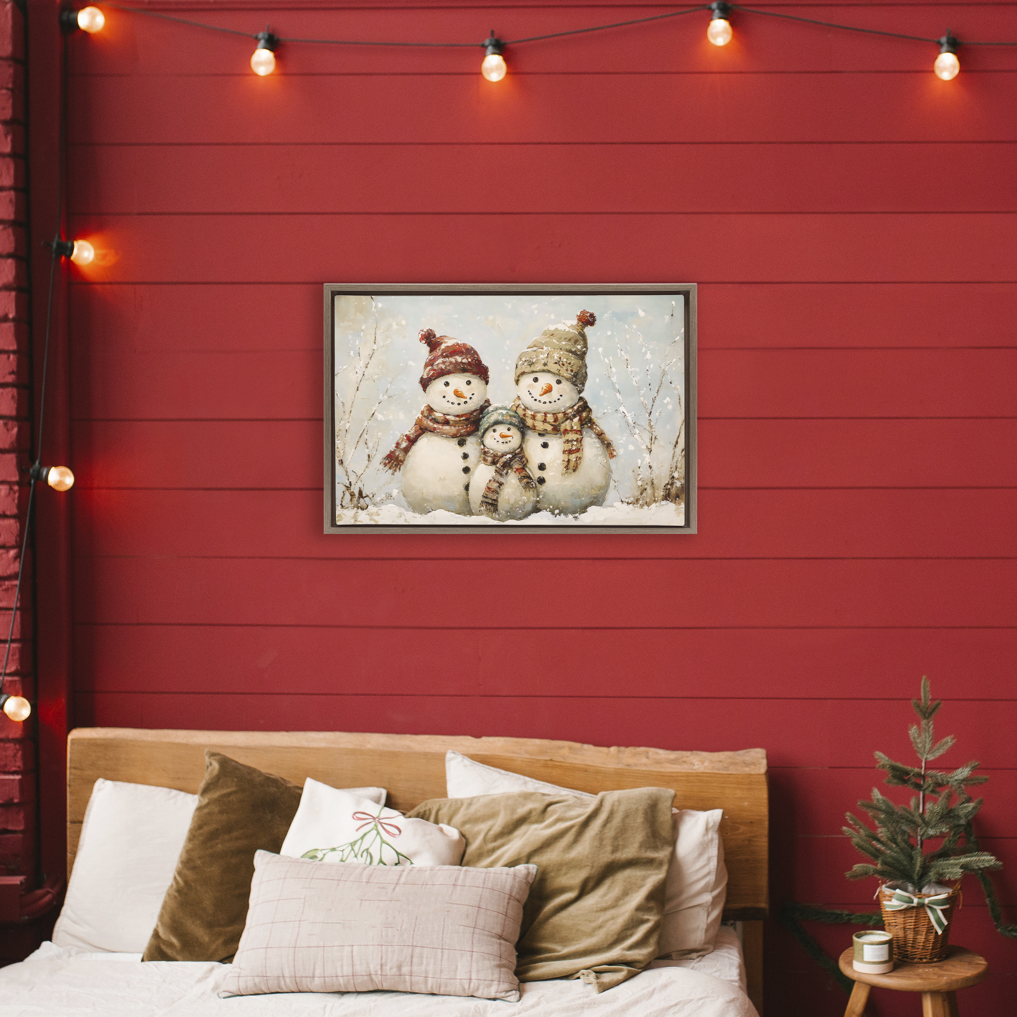 Snowman Family Of Three Brown Framed Floater Canvas Wall Art, design by Petal Prints Design