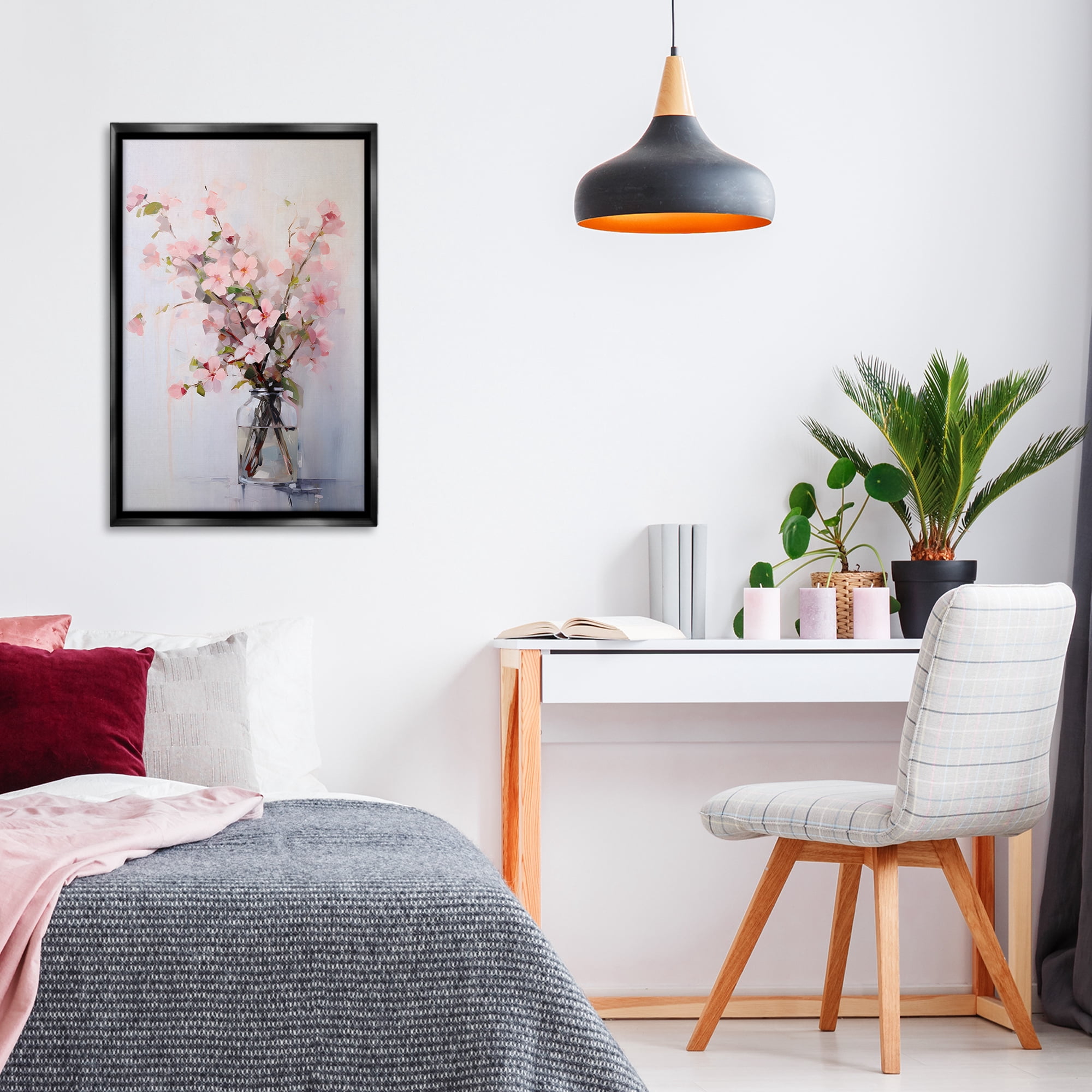 Stupell Industries Soft Sakura Vase Botanical & Floral Painting Black Floater Framed Art Print Wall Art, 21 x 31