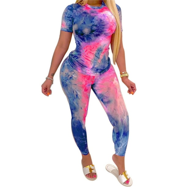 ZIYIXIN - Women 2 Piece Tracksuit Set Short Sleeve Tie Dye Tops High Waist Pants Bodycon Yoga