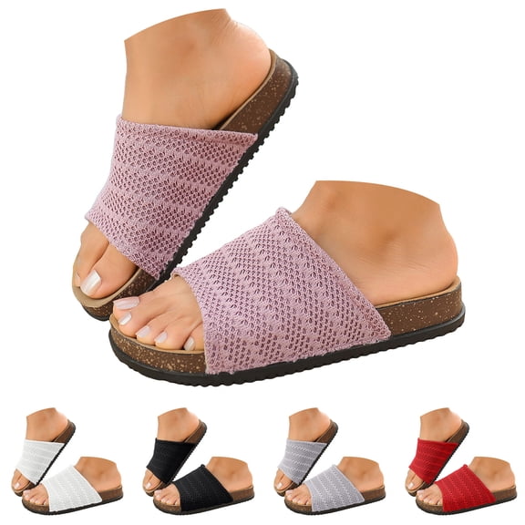 Dakaela Women's Slide Sandals Open Toe Mesh Cork Footbed Flats Arch Support Casual Summer Beach Slip on Shoes Black 5.5