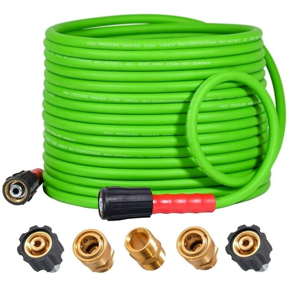 YAMATIC 40FT 1/4" Pressure Washer Hose 3200 PSI, Super Flexible, M22 & 3/8" Quick Connect, Green