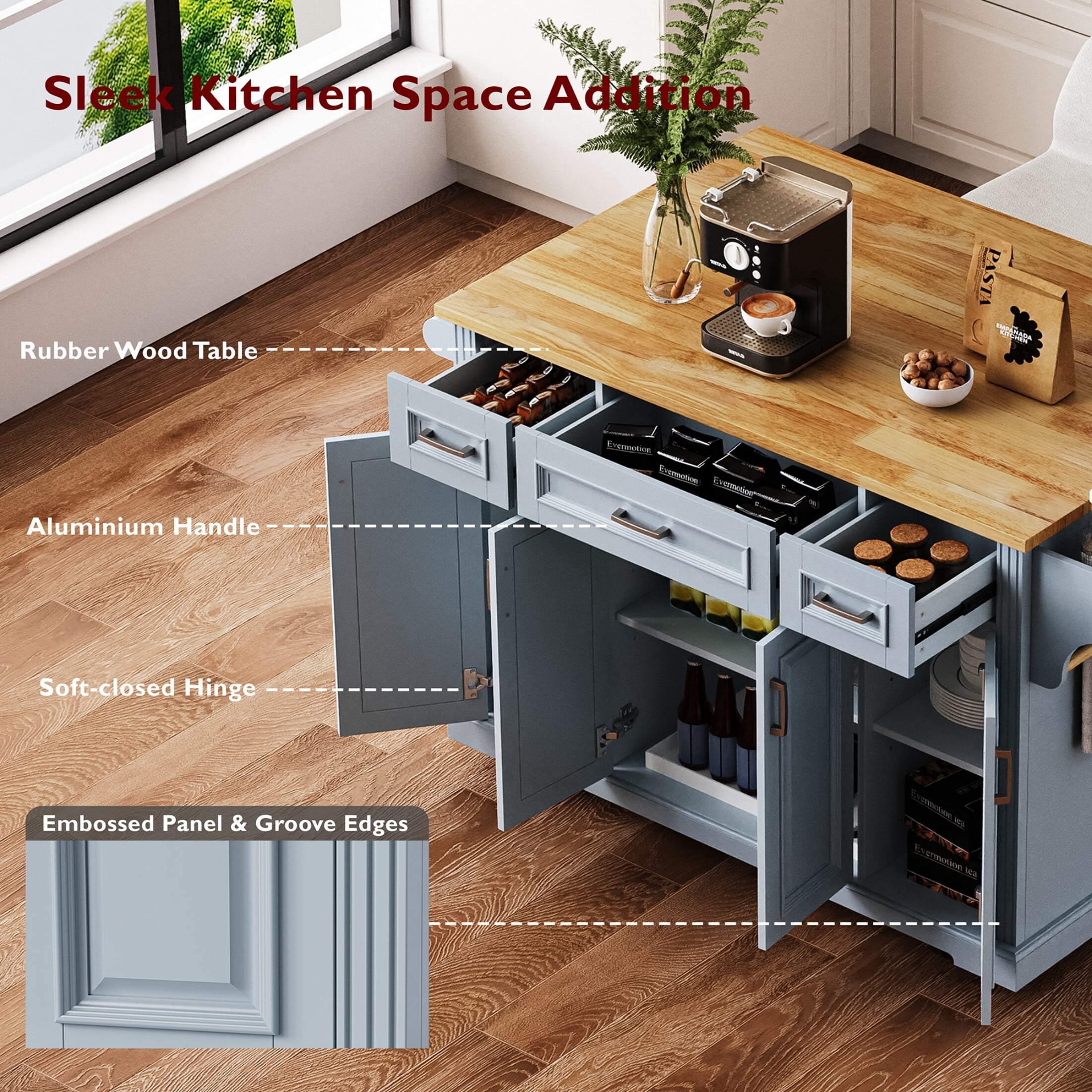 DEALTOPS Kitchen Island on Wheels with Drop Leaf and 3 Drawers, Rolling Kitchen Storage Cart with Adjustable Shelves, Gray Blue