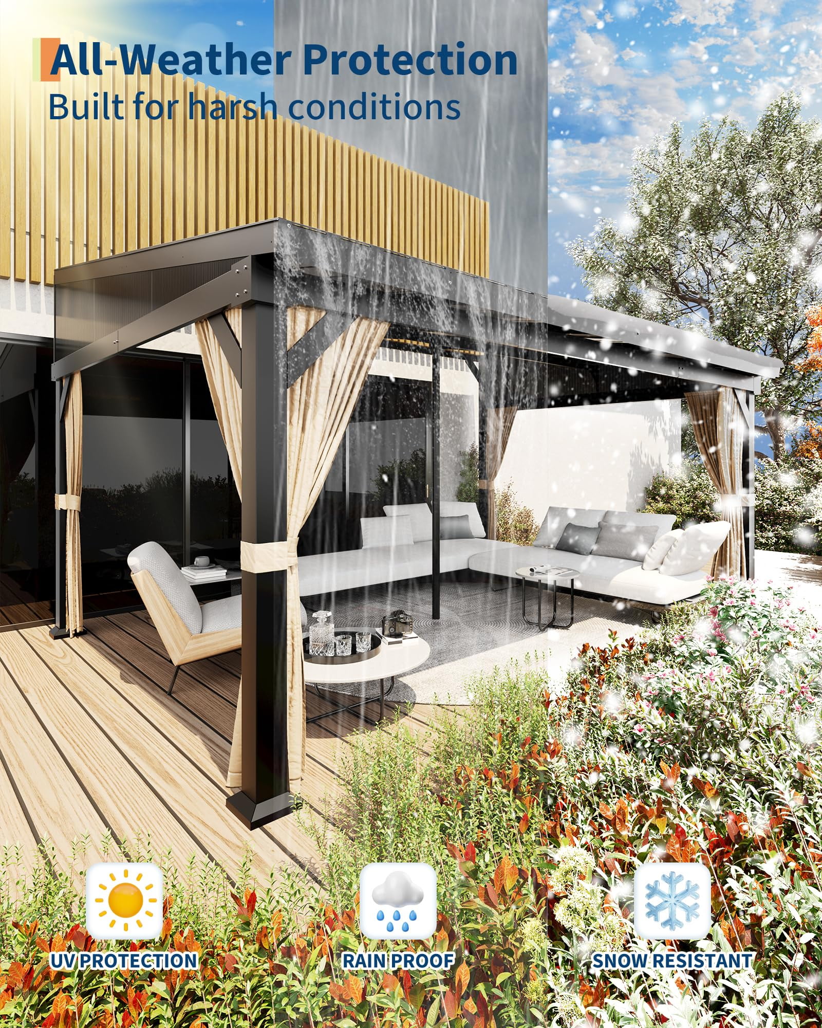 Lumiparty 10x14 ft Wall-Mounted Hardtop Gazebo, Lean-To Pergola with Galvanized Steel Roof, with Mosquito Netting & Privacy Curtains for Backyard, Deck or Carport, Gray