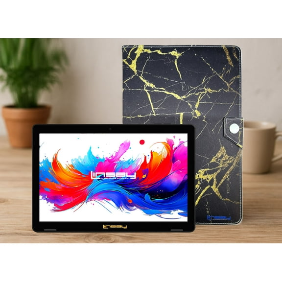 LINSAY 10.1"Octa Core 256GB Storage Android 15 Tablet with Black and Golden Marble Case