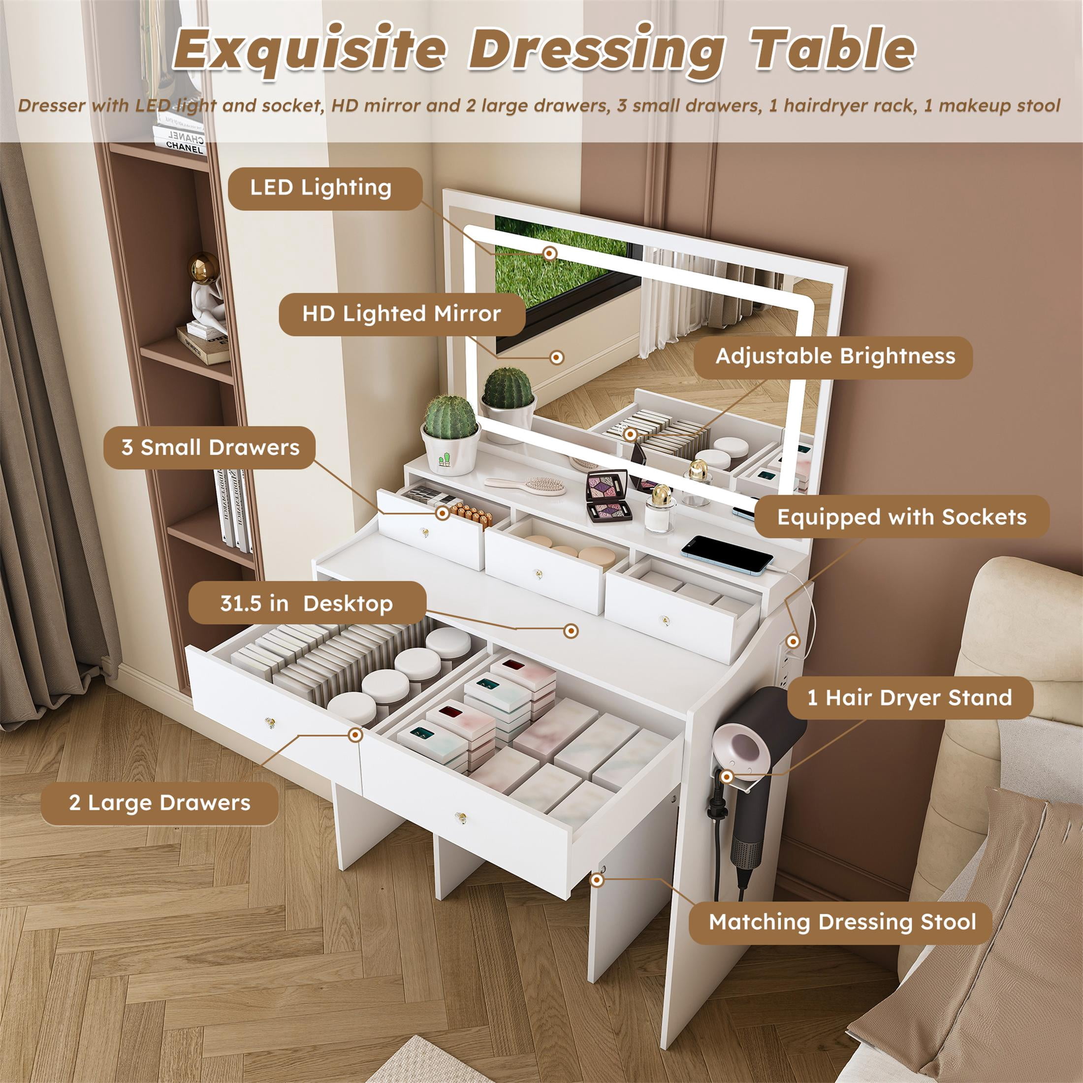 UHOMEPRO Vanity Set with Mirror, Lighted Makeup Vanity Desk with 5 Drawers, Storage Shelves, Hair Dryer Rack, and Cushioned Stool, Modern Makeup Desk Dressing Table for Girls Bedroom, White